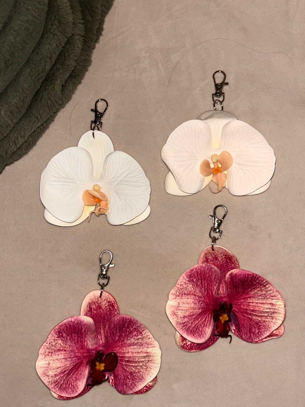 4 Orchid Flower Keychain Charm - 2 White and 2 Pink